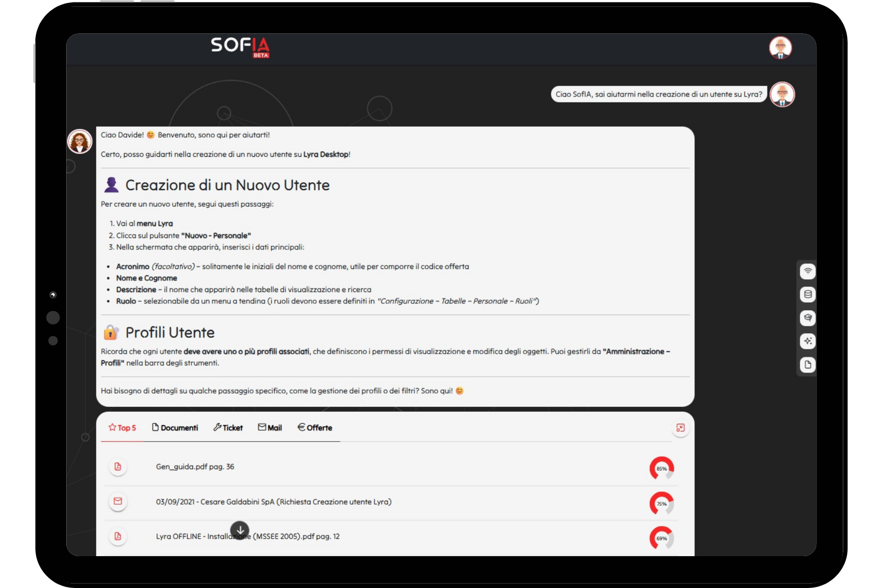 tablet che mostra uno screen dell'applicativo SofIA di Softeam